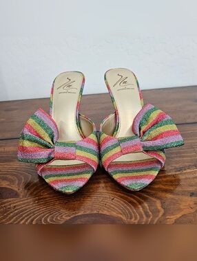 Antonio Melani Rainbow Metallic Glitter Striped Bow Slide heels Womens Sz 9